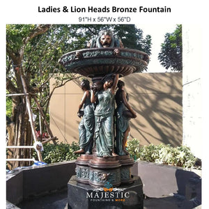 Ladies & Lion Heads Bronze Fountain - Majestic Fountains and More.