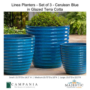 Linea Planters - Set of 3 - Cerulean Blue in Glazed Terra Cotta By Campania - Majestic fountains and More