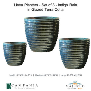 Linea Planters - Set of 3 - Indigo Rain in Glazed Terra Cotta By Campania - Majestic fountains and More