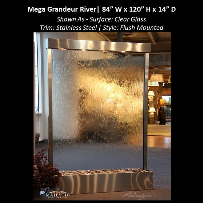 Adagio Mega Grandeur River indoor water wall with a clear glass face