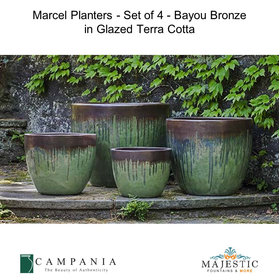 Marcel Planters - Set of 4 - Bronze Blue in Glazed Terra Cotta By Campania - Majestic fountains and More