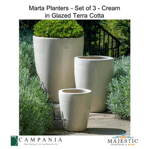 Marta Planters - Set of 3 Cream in Glazed Terra Cotta By Campania - Majestic Fountains and More