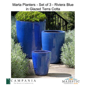 Marta Planters - Set of 3 Riviera Blue in Glazed Terra Cotta By Campania - Majestic Fountains and More