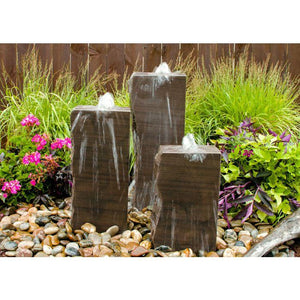 Mocha Limestone Fountain - Triple stone column Fountain Kit - 3 sides smooth - Choose from  multiple sizes - Majestic Fountains