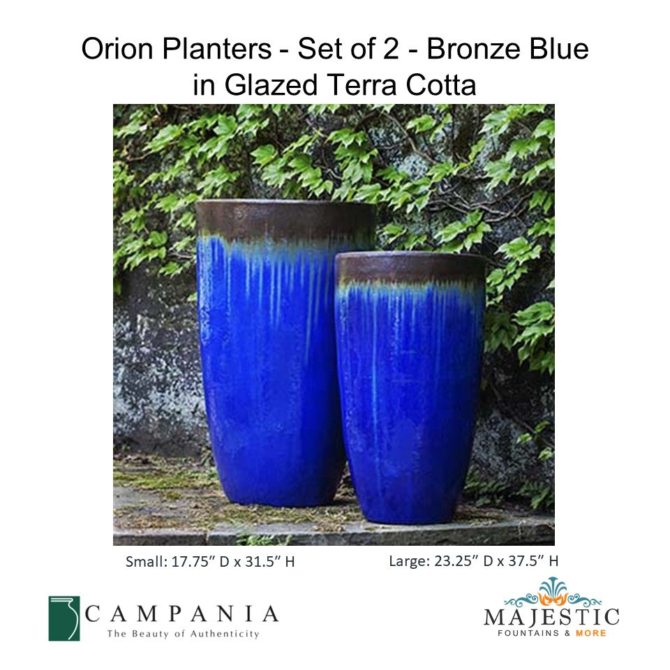 Orion Planters - Set of 2 - Bronze Blue in Glazed Terra Cotta By Campania - Majestic Fountains and More