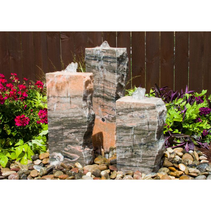 Pink Marble Fountain - Triple stone column Fountain Kit - 3 sides smooth - Choose from  multiple sizes - Majestic Fountains