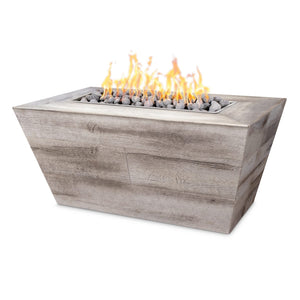 TOP Fires Plymouth Rectangle 24" Tall Fire Pit in Woodgrain Concrete by The Outdoor Plus - Majestic Fountains