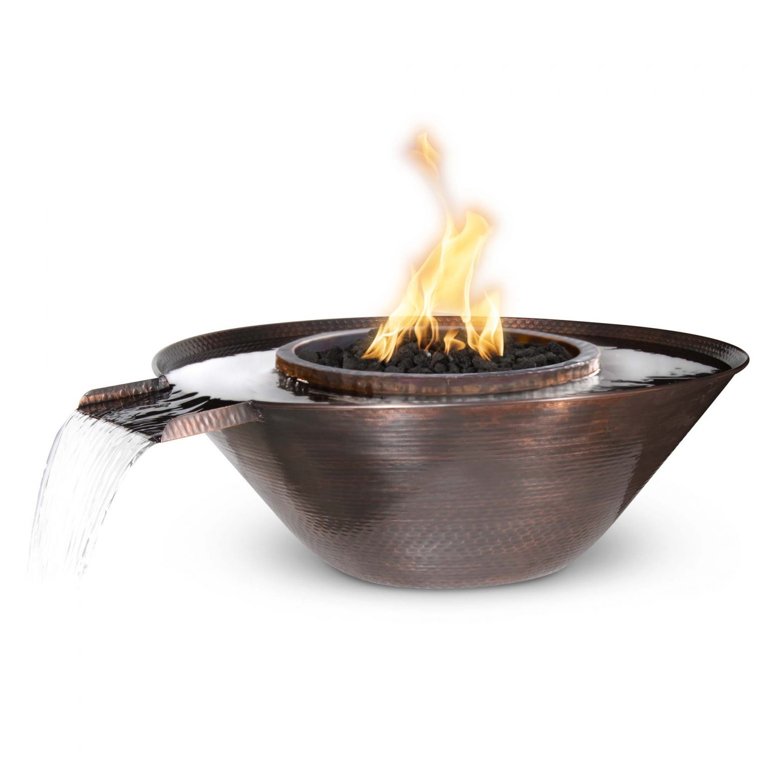 TOP Fires Remi Fire & Water Bowl with Gravity spill in Hammered Copper by The Outdoor Plus - Majestic Fountains