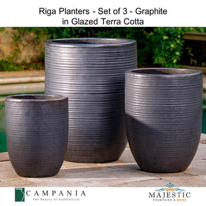 Riga Planters - Set of 3 - Graphite in Glazed Terra Cotta By Campania - Majestic Fountains and More