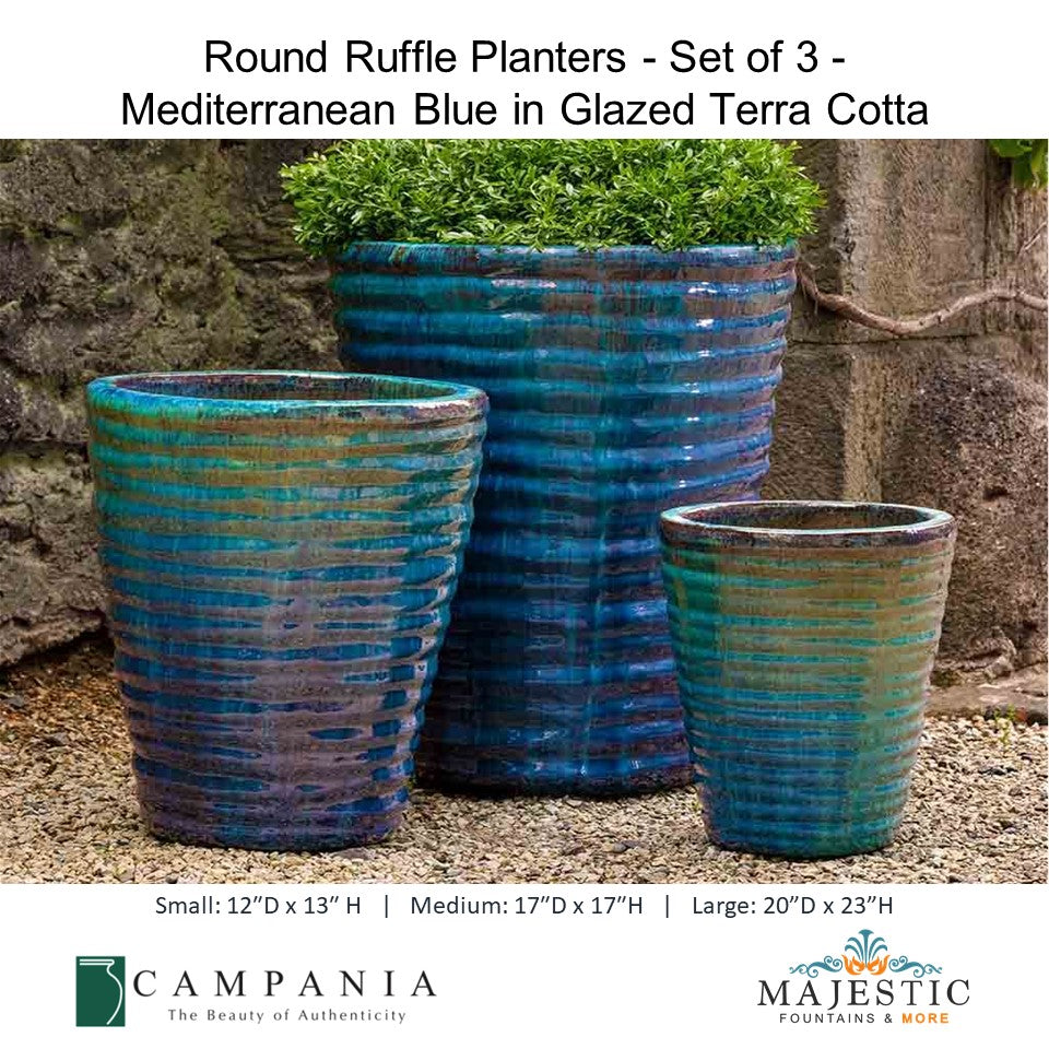 Round Ruffle Planters - Set of 3 - Graphite in Glazed Terra Cotta By Campania - Majestic Fountains and More