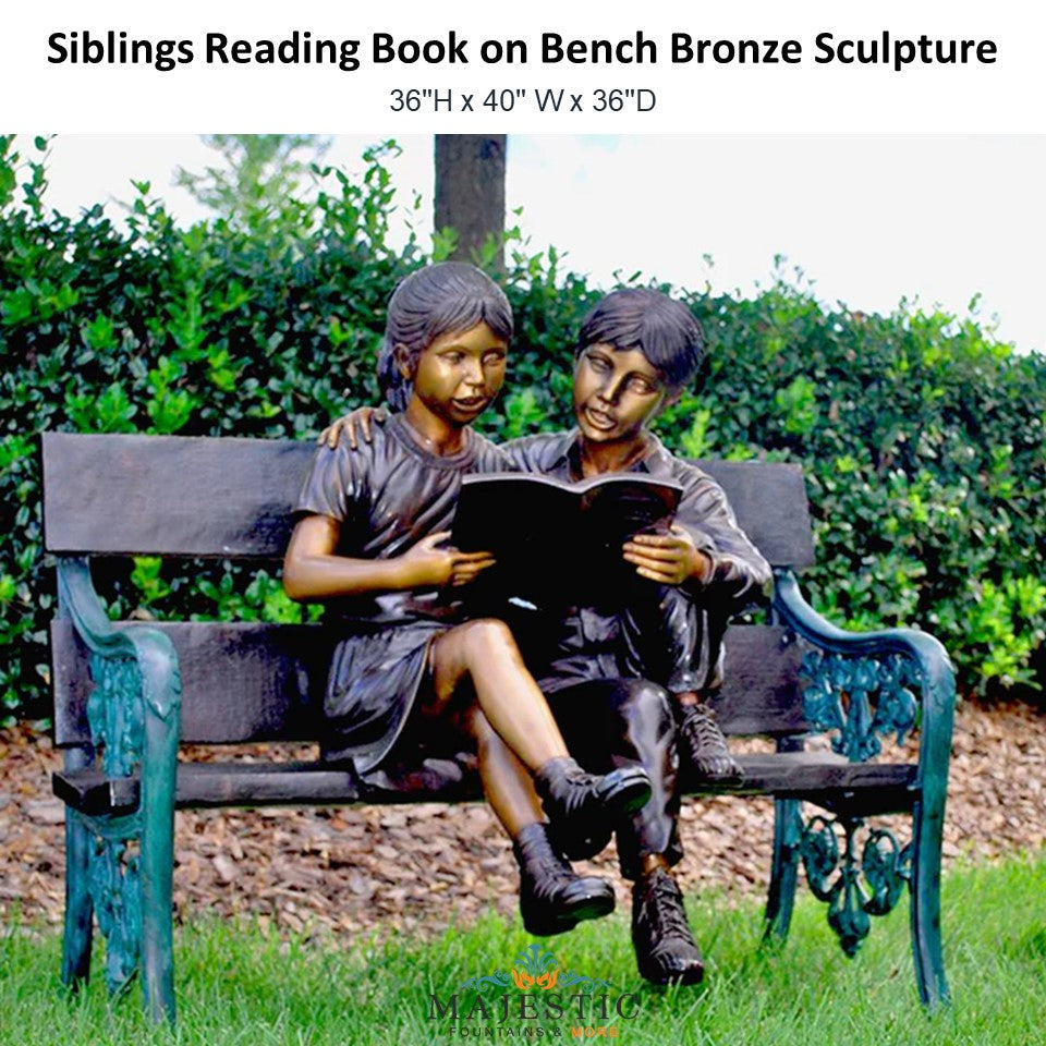 Siblings Reading Book on Bench Bronze Sculpture - Majestic Fountains and More