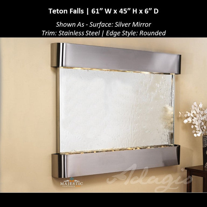 Adagio Teton Falls indoor wall fountain with a silver mirror face