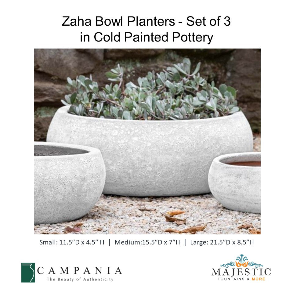 Zaha Bowl Planters - Set of 3 - White Coral in Cold Painted Pottery By Campania - Majestic Fountains and More