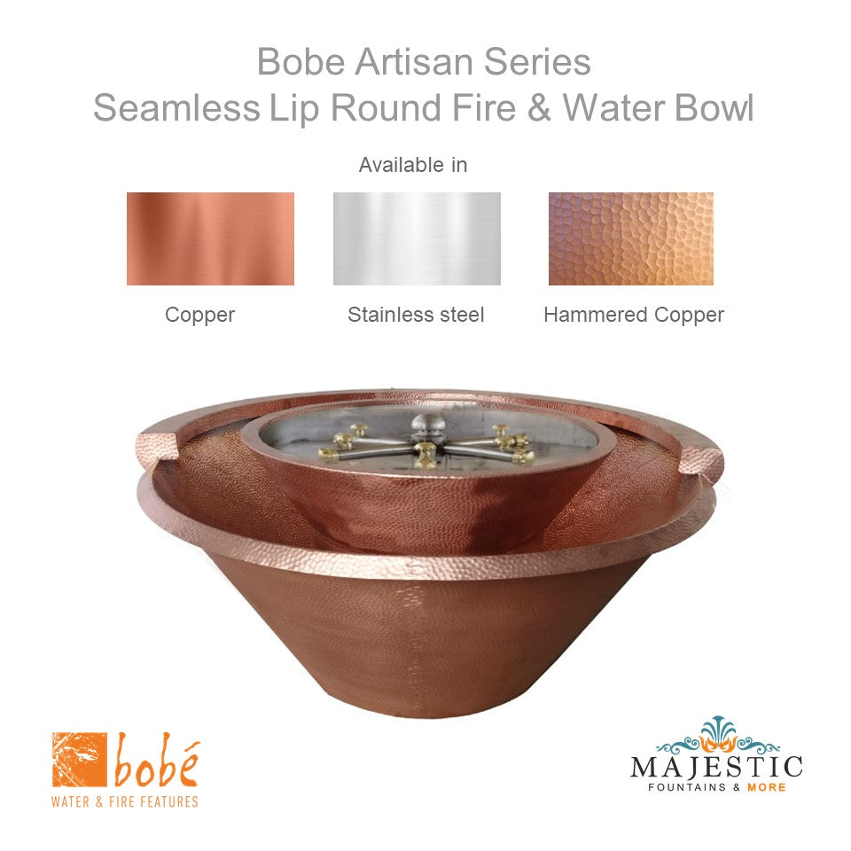 Bobe Seamless Lip Round Water and Fire Bowl - Manual Ignition - Majestic Fountains